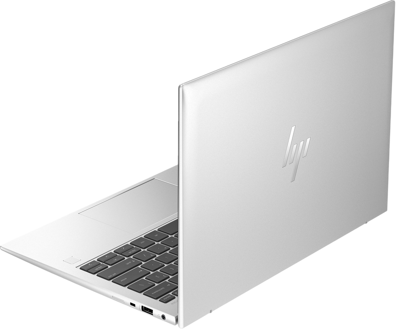 Looptop.se HP EliteBook 830 G10 silver aluminium laptop viewed from the rear angle showing keyboard and ports